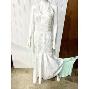 CINDERELLA Wedding Dress Women Size M Halter Neck Pleated Floral Open Back White